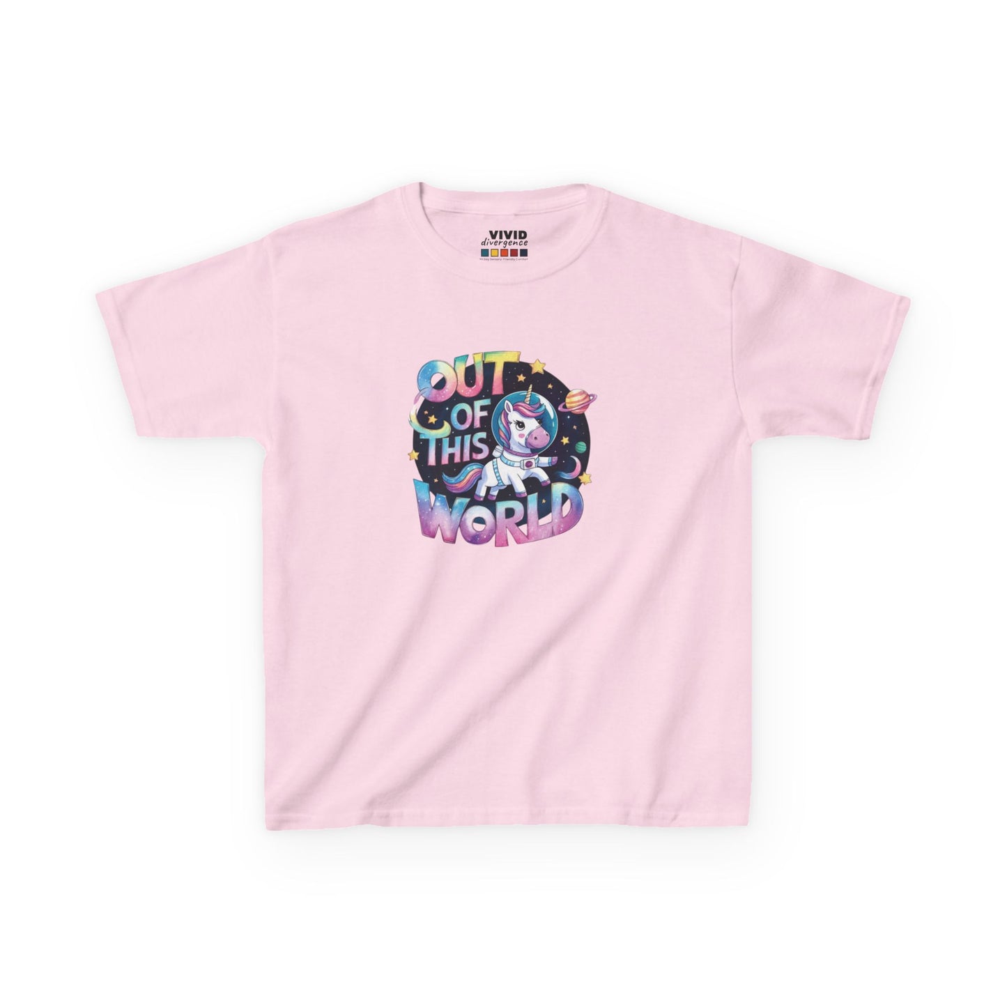 Front view of a pink "Out of This World" space unicorn kids T-shirt featuring a colorful unicorn floating in space. Part of the Vivid Divergence Sensory Friendly Kids Shirts Range. The perfect T-shirt for sensory-sensitive kids and comes with a Sensory Satisfaction Promise.