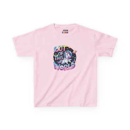 Front view of a pink "Out of This World" space unicorn kids T-shirt featuring a colorful unicorn floating in space. Part of the Vivid Divergence Sensory Friendly Kids Shirts Range. The perfect T-shirt for sensory-sensitive kids and comes with a Sensory Satisfaction Promise.