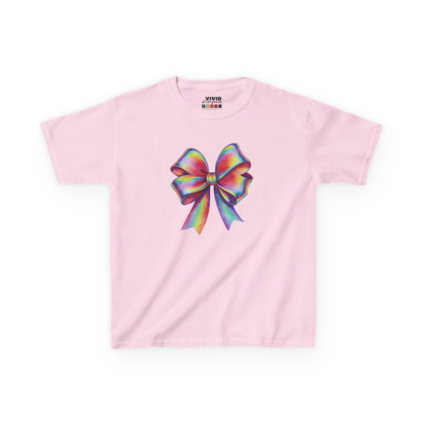 Front view of a pink "Rainbow Holographic Bow" kids T-shirt featuring a colorful holographic bow graphic. Part of the Vivid Divergence Sensory Friendly Kids Shirts Range. The perfect T-shirt for sensory-sensitive kids and comes with a Sensory Satisfaction Promise.