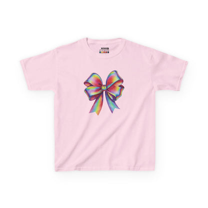 Front view of a pink "Rainbow Holographic Bow" kids T-shirt featuring a colorful holographic bow graphic. Part of the Vivid Divergence Sensory Friendly Kids Shirts Range. The perfect T-shirt for sensory-sensitive kids and comes with a Sensory Satisfaction Promise.
