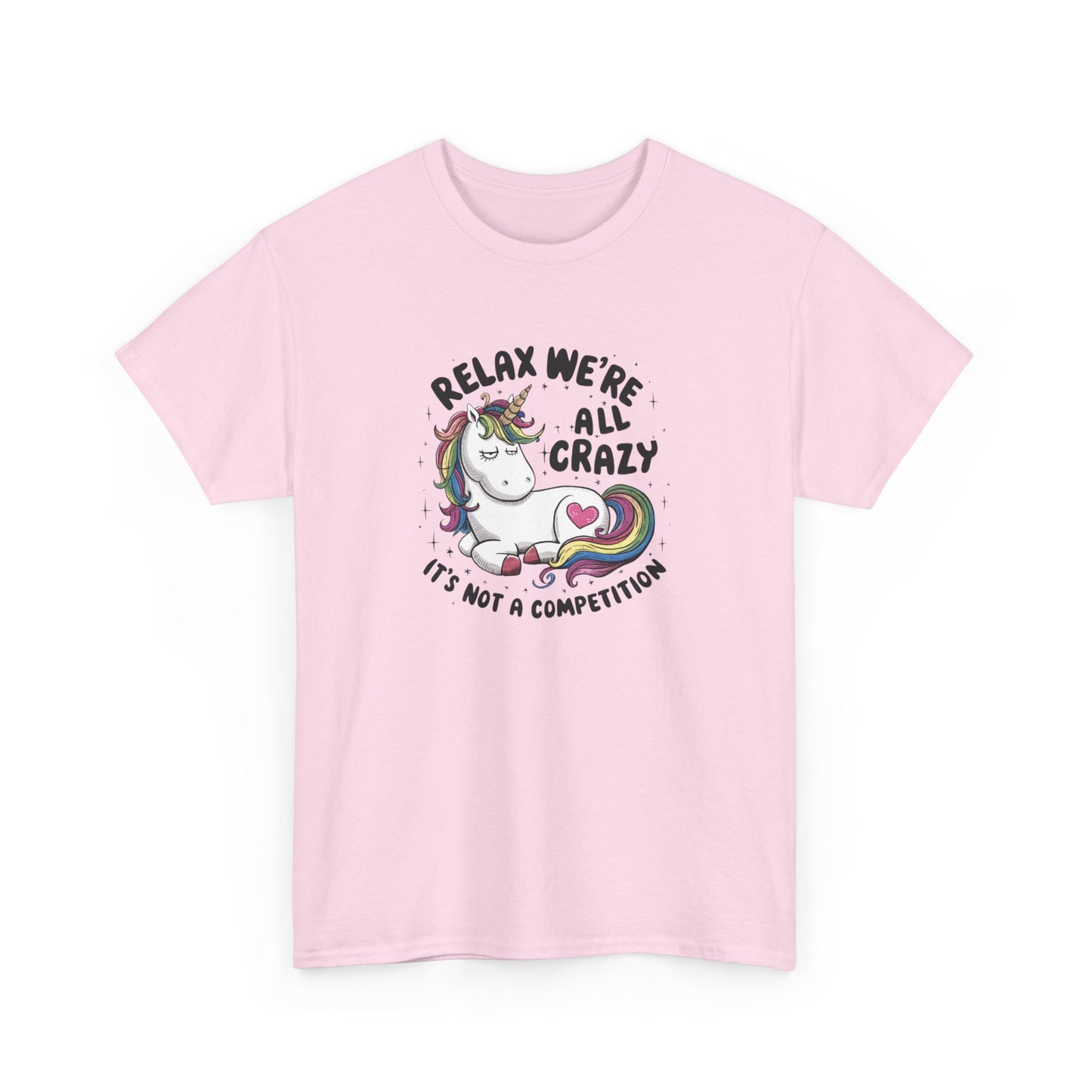 Front view of a pink T-shirt with "Relax, We're All Crazy" and a whimsical cat graphic in black text. Part of the Vivid Divergence Sensory Friendly Unisex Tees Range.