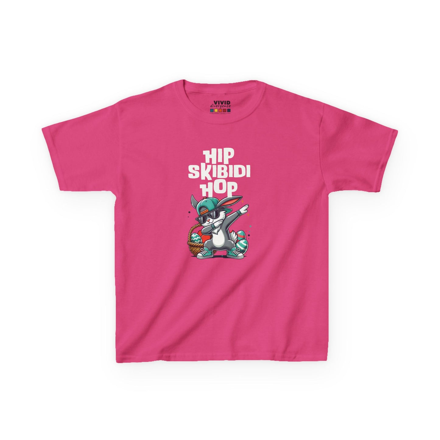 Pink kids' T-shirt with a hip Skibidi Easter bunny dabbing and "Hip Skibidi Hop" text, a stylish and funny Easter outfit. Hop into the season in style and shop Easter shirts online today!