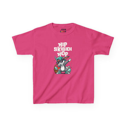 Pink kids' T-shirt with a hip Skibidi Easter bunny dabbing and "Hip Skibidi Hop" text, a stylish and funny Easter outfit. Hop into the season in style and shop Easter shirts online today!