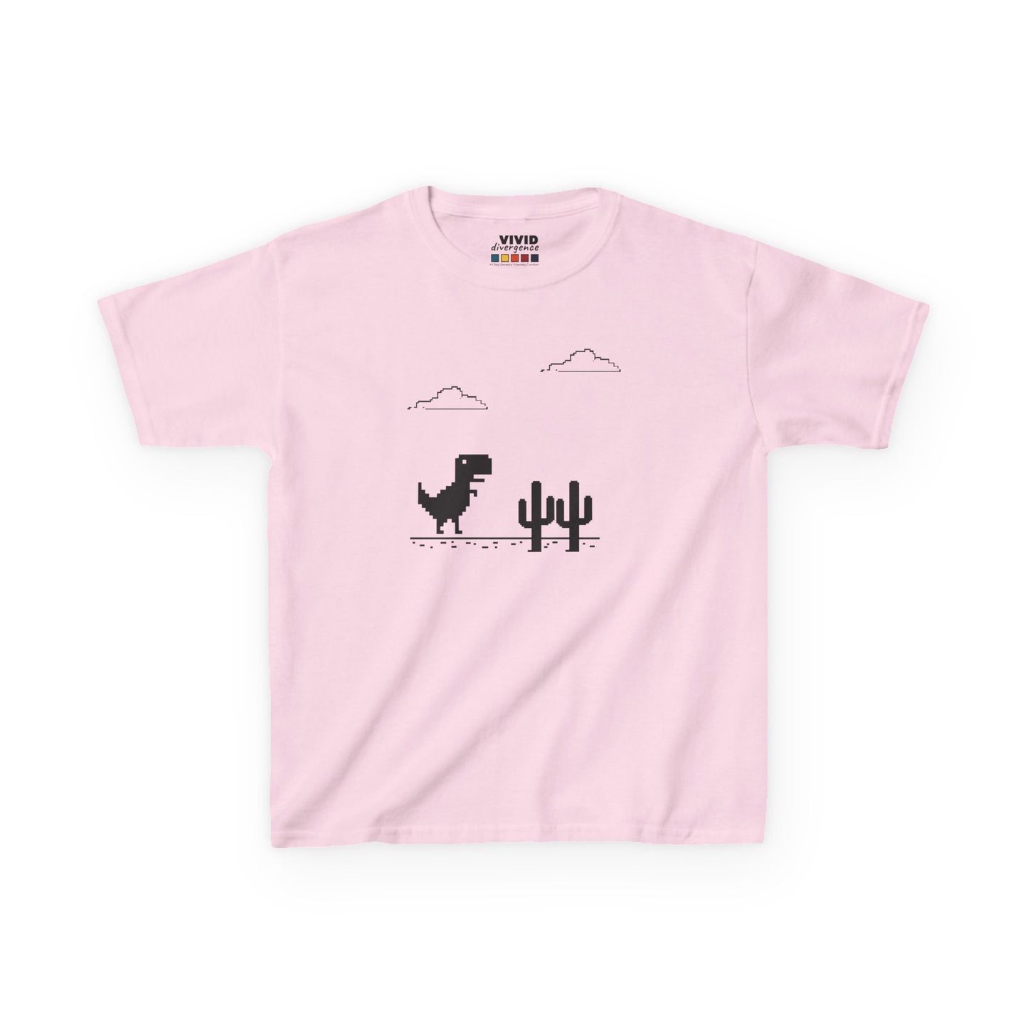 Front view of a pink "T-Rex Runner" Dinosaur Game kids T-shirt featuring a pixelated T-Rex and cactus design. Part of the Vivid Divergence Sensory Friendly Kids Shirts Range. The perfect T-shirt for sensory-sensitive kids and comes with a Sensory Satisfaction Promise.