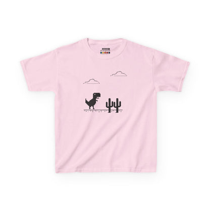 Front view of a pink "T-Rex Runner" Dinosaur Game kids T-shirt featuring a pixelated T-Rex and cactus design. Part of the Vivid Divergence Sensory Friendly Kids Shirts Range. The perfect T-shirt for sensory-sensitive kids and comes with a Sensory Satisfaction Promise.