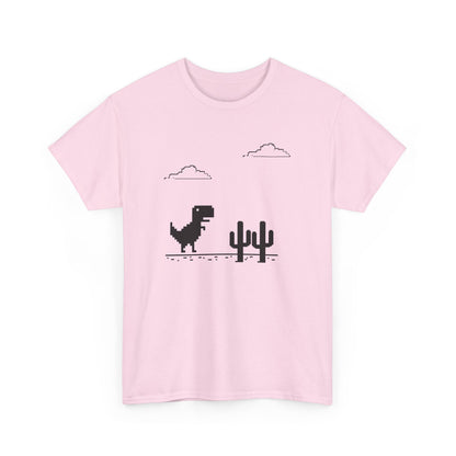 Front view of a pink T-shirt featuring a minimalist pixel-style T-Rex Runner Dinosaur Game design with a T-Rex, cacti, and clouds. Part of the Vivid Divergence Sensory Friendly Unisex Tees Range.