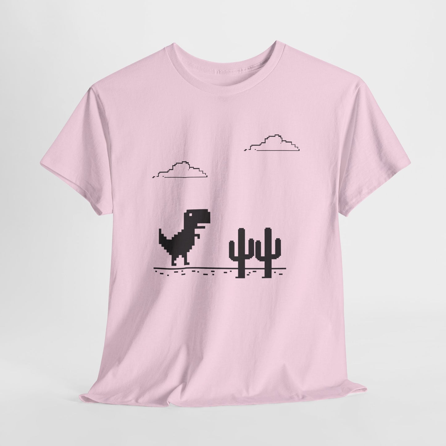 Hanging pink T-shirt featuring a minimalist pixel-style T-Rex Runner Dinosaur Game design with a T-Rex, cacti, and clouds. Part of the Vivid Divergence Sensory Friendly Unisex Tees Range.