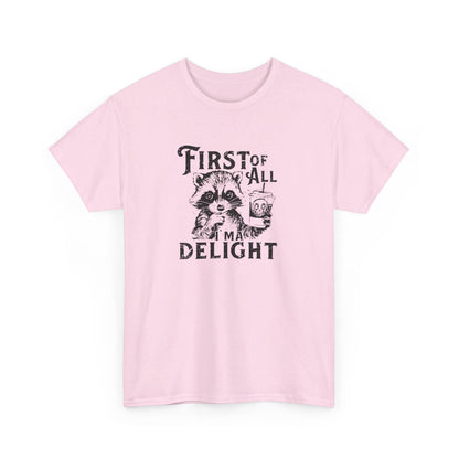 Front view of a pink T-shirt with "First of All Delight" text and graphic design. Part of the Vivid Divergence Sensory Friendly Unisex Tees Range.