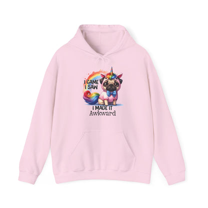 Front view of a pink hoodie featuring a colorful unicorn pug with the text "I Came, I Saw, I Made It Awkward." Part of the Vivid Divergence Sensory Friendly Unisex Hoodie Range.