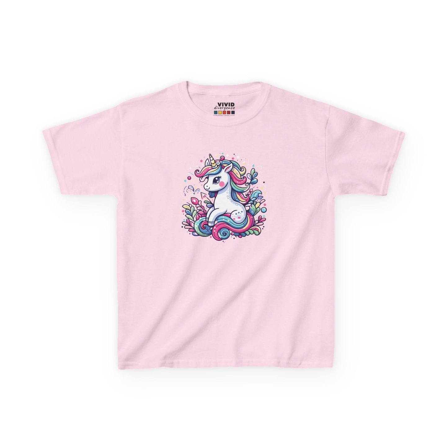 Front view of a pink "Unicorn Vibes" kids T-shirt featuring a colorful, whimsical unicorn design. Part of the Vivid Divergence Sensory Friendly Kids Shirts Range. The perfect T-shirt for sensory-sensitive kids and comes with a Sensory Satisfaction Promise.