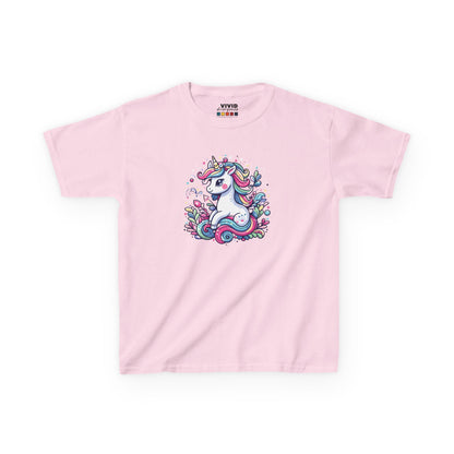 Front view of a pink "Unicorn Vibes" kids T-shirt featuring a colorful, whimsical unicorn design. Part of the Vivid Divergence Sensory Friendly Kids Shirts Range. The perfect T-shirt for sensory-sensitive kids and comes with a Sensory Satisfaction Promise.