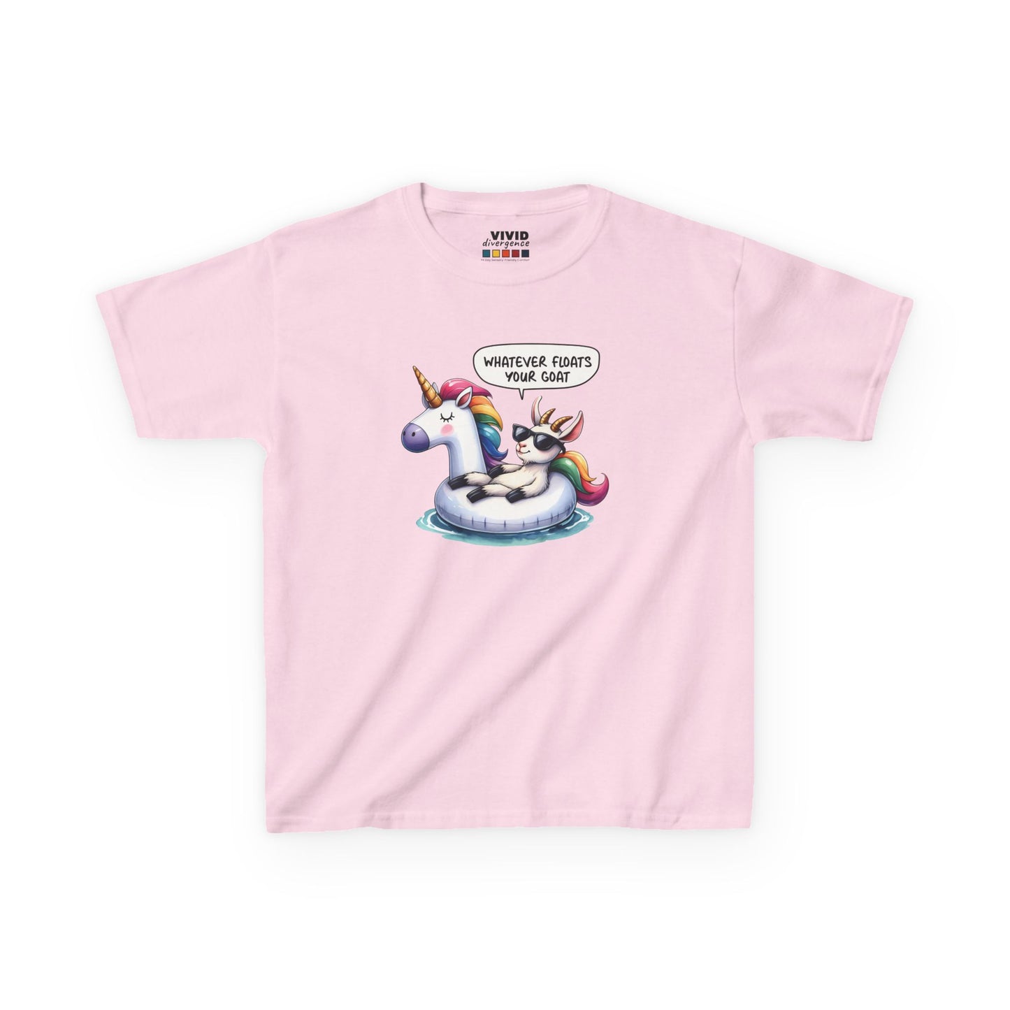 Front view of a pink "Whatever Floats Your Goat" kids T-shirt featuring a cartoon goat floating on a unicorn pool float. Part of the Vivid Divergence Sensory Friendly Kids Shirts Range. The perfect T-shirt for sensory-sensitive kids and comes with a Sensory Satisfaction Promise.