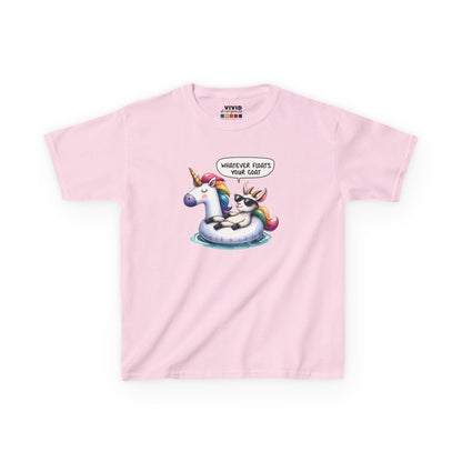 Front view of a pink "Whatever Floats Your Goat" kids T-shirt featuring a cartoon goat floating on a unicorn pool float. Part of the Vivid Divergence Sensory Friendly Kids Shirts Range. The perfect T-shirt for sensory-sensitive kids and comes with a Sensory Satisfaction Promise.