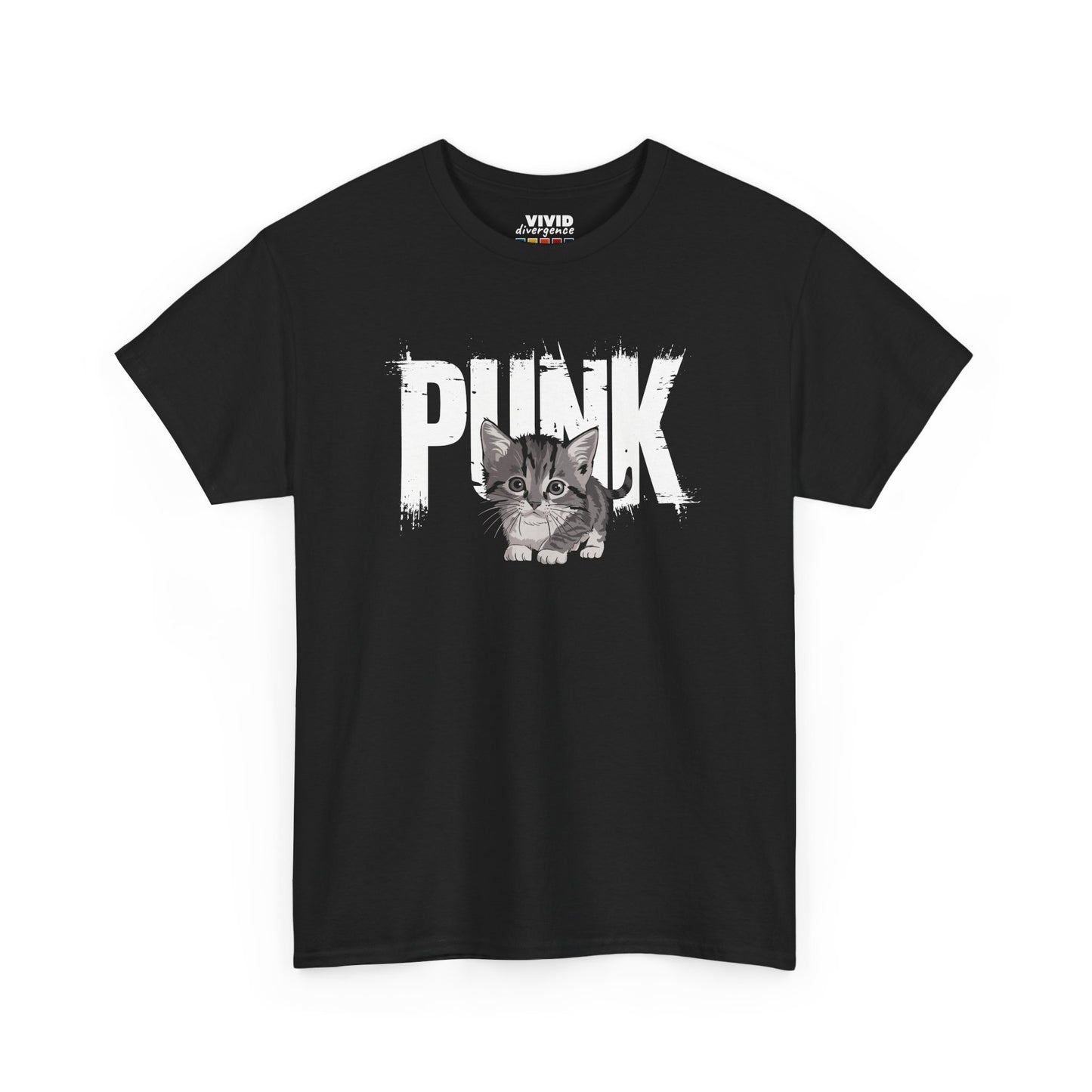 Front view of black T-shirt featuring grayscale kitten with a mohawk and spiked collar under bold white text reading "PUNK." Fierce, fluffy, and full of angst. Part of the Vivid Divergence Memewear Collection!
