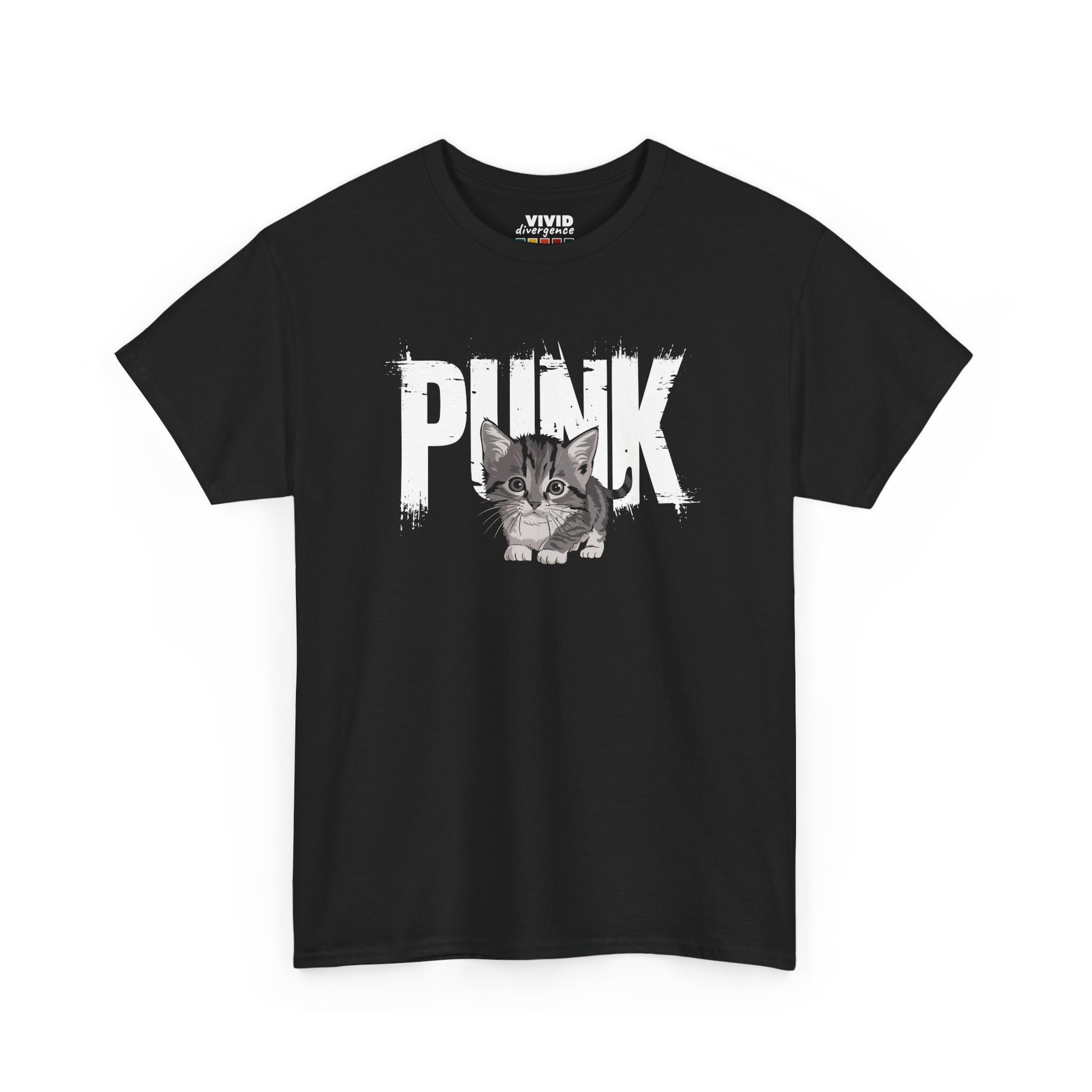Front view of black T-shirt featuring grayscale kitten with a mohawk and spiked collar under bold white text reading "PUNK." Fierce, fluffy, and full of angst. Part of the Vivid Divergence Memewear Collection!

