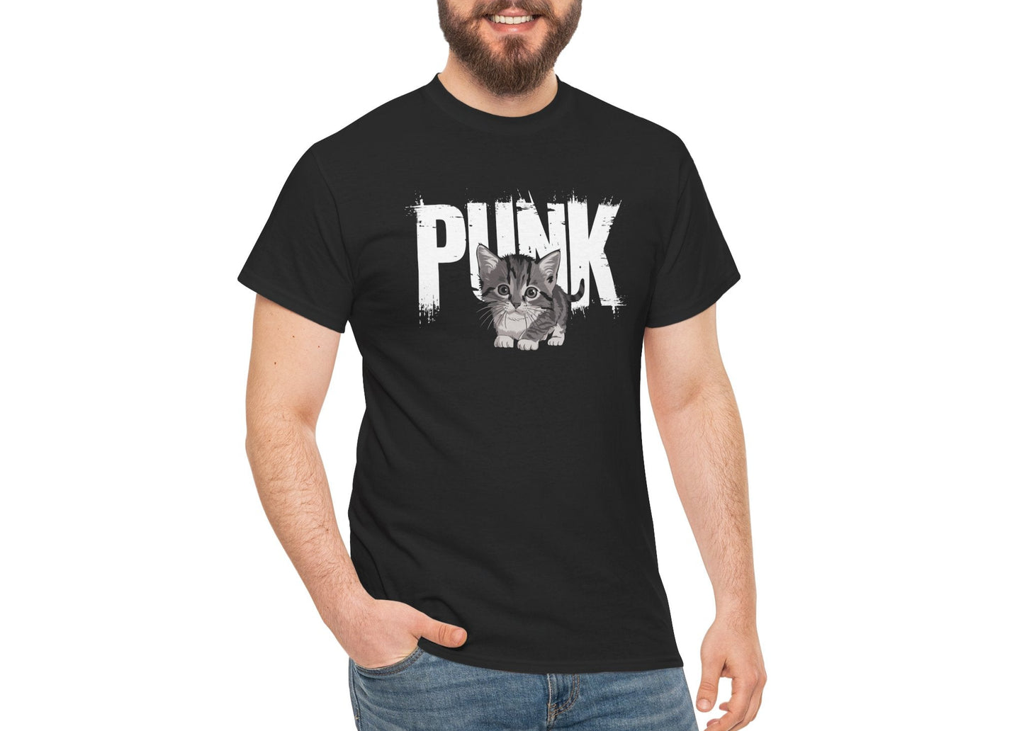 Man modeling black Punk Kitten T-shirt with relaxed fit. Serving streetwear meets stray cat energy. Part of the Vivid Divergence Memewear Collection!

