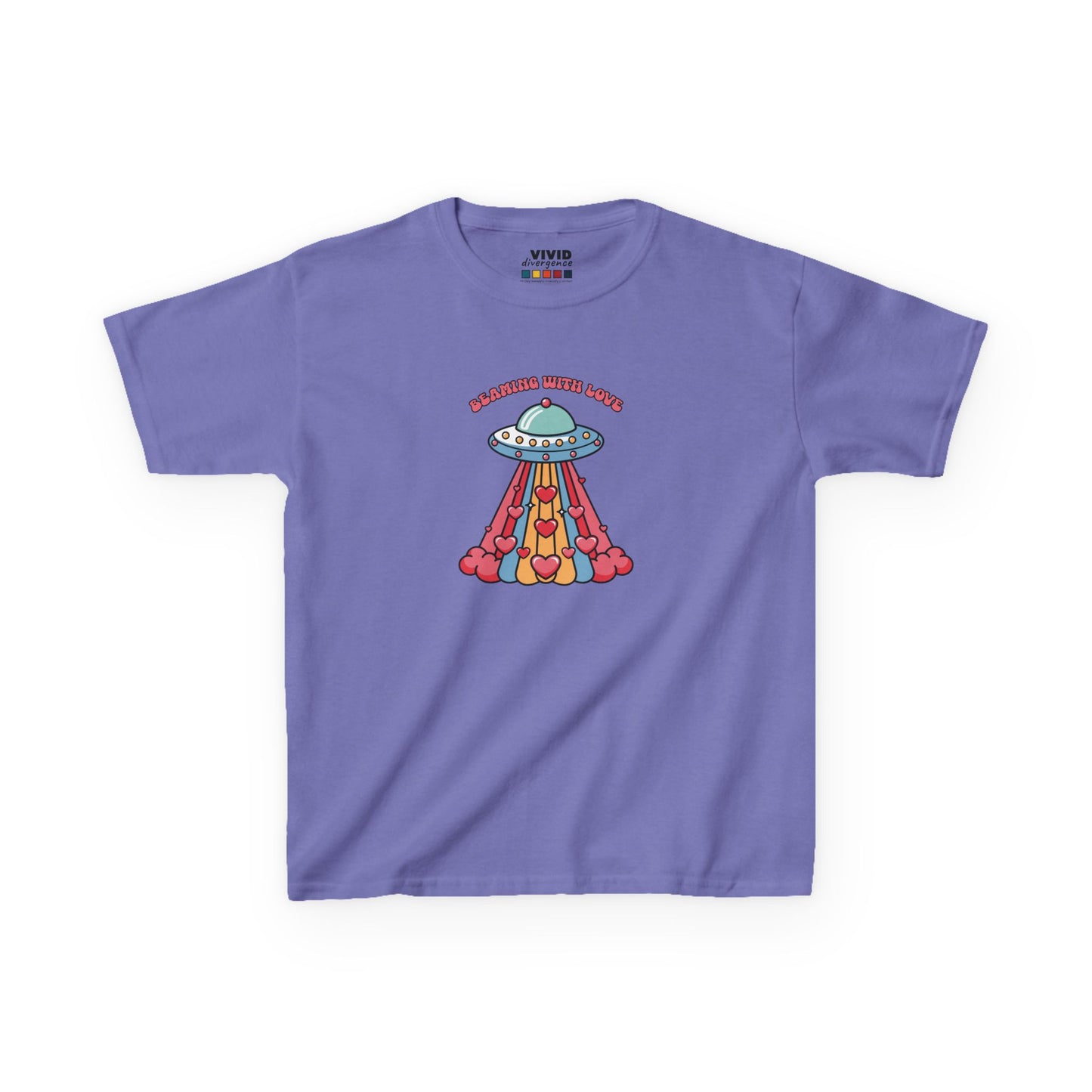 Front view of a purple "Beaming With Love" kids T-shirt featuring a colorful UFO beaming down hearts. Part of the Vivid Divergence Sensory Friendly Kids Shirts Range. The perfect T-shirt for sensory-sensitive kids and comes with a Sensory Satisfaction Promise.