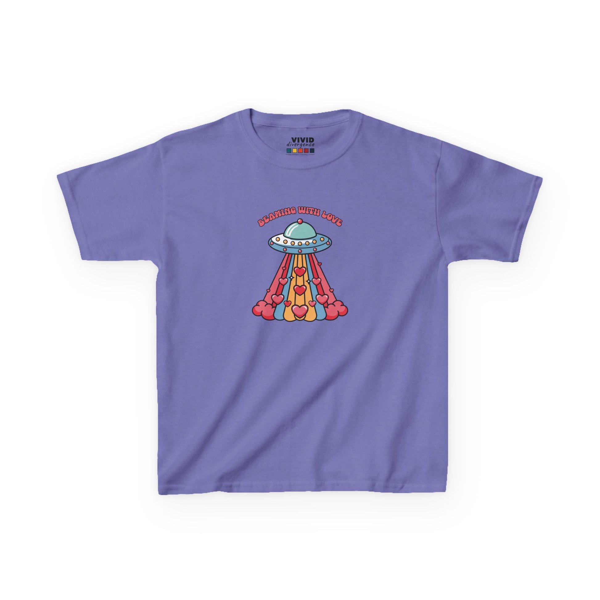 Front view of a purple "Beaming With Love" kids T-shirt featuring a colorful UFO beaming down hearts. Part of the Vivid Divergence Sensory Friendly Kids Shirts Range. The perfect T-shirt for sensory-sensitive kids and comes with a Sensory Satisfaction Promise.