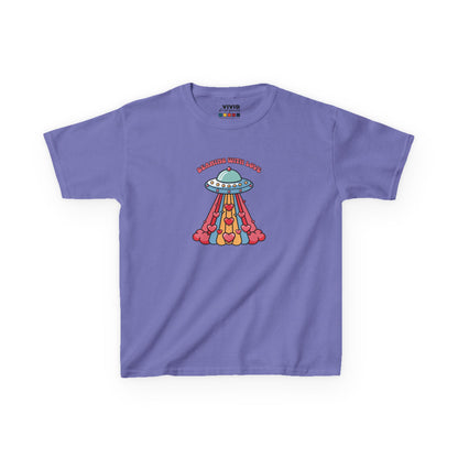 Front view of a purple "Beaming With Love" kids T-shirt featuring a colorful UFO beaming down hearts. Part of the Vivid Divergence Sensory Friendly Kids Shirts Range. The perfect T-shirt for sensory-sensitive kids and comes with a Sensory Satisfaction Promise.