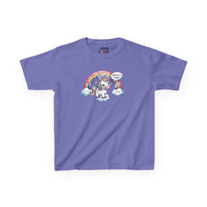 Front view of a purple "Believe In Magic" unicorn kids T-shirt featuring a colorful unicorn under a rainbow. Part of the Vivid Divergence Sensory Friendly Kids Shirts Range. The perfect T-shirt for sensory-sensitive kids and comes with a Sensory Satisfaction Promise.