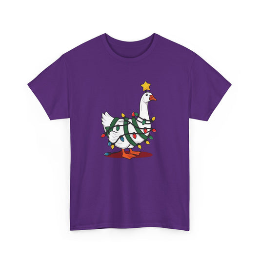 Front view of a purple T-shirt featuring a festive illustration of a goose wearing a Santa hat and stringing Christmas lights, with the text "Goose on the Loose." Part of the Vivid Divergence Sensory Friendly Unisex Tees Range.