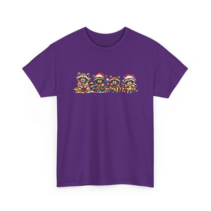 Front view of a purple T-shirt featuring a festive illustration of raccoons in Christmas attire causing holiday chaos. Part of the Vivid Divergence Sensory Friendly Unisex Tees Range.