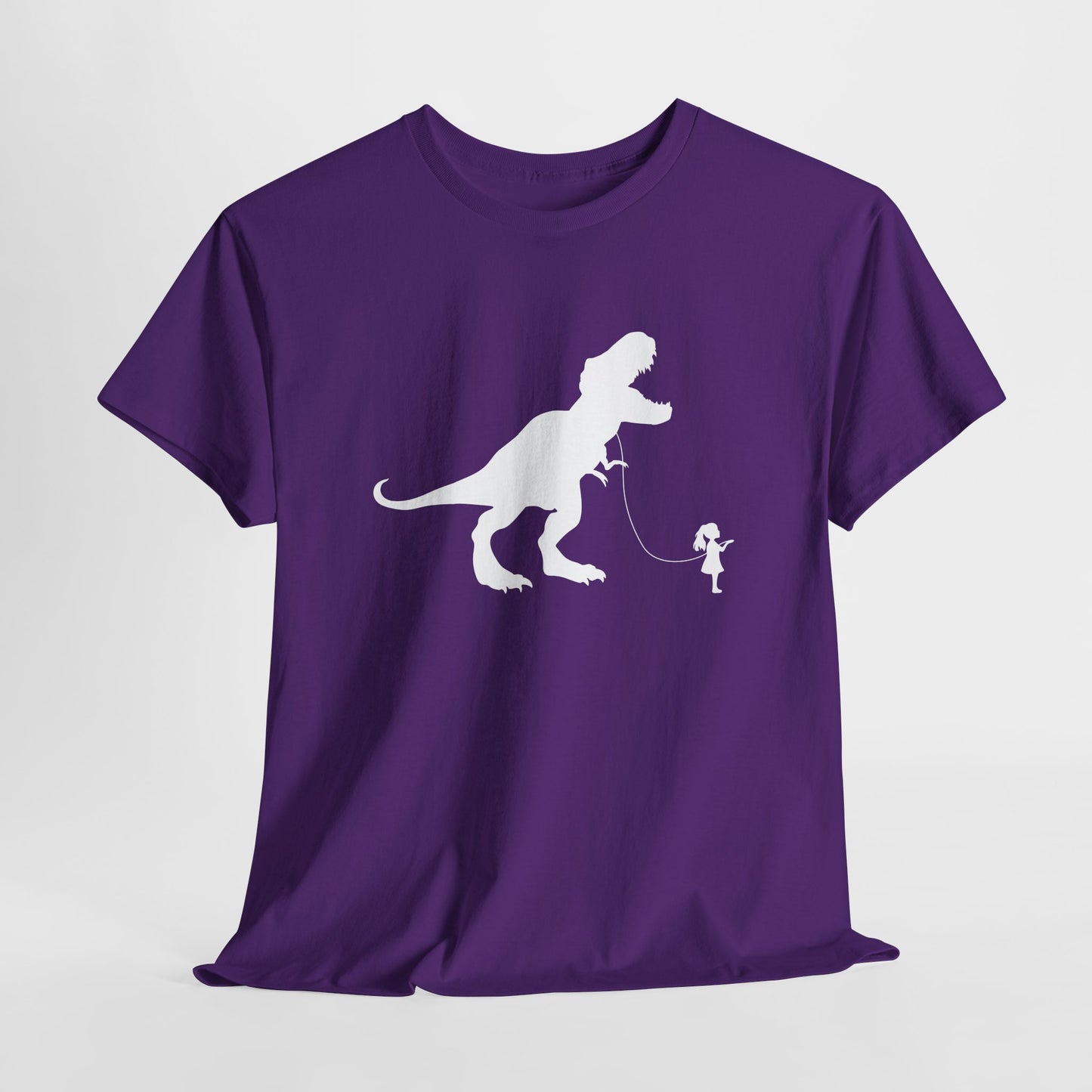 Hanging purple T-shirt featuring a white silhouette of a girl walking a T-Rex on a leash. Part of the Vivid Divergence Sensory Friendly Unisex Tees Range.