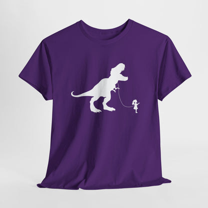 Hanging purple T-shirt featuring a white silhouette of a girl walking a T-Rex on a leash. Part of the Vivid Divergence Sensory Friendly Unisex Tees Range.