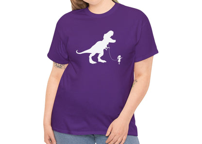 Model wearing a purple T-shirt featuring a white silhouette of a girl walking a T-Rex on a leash. Part of the Vivid Divergence Sensory Friendly Unisex Tees Range.