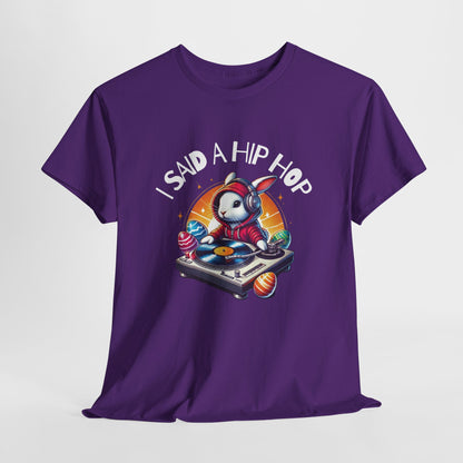 Purple T-shirt hanging, featuring a retro-style bunny with a boombox and "I Said A Hip Hop" text, bringing rap culture to Easter. Hop into the season in style and shop Easter shirts online today!
