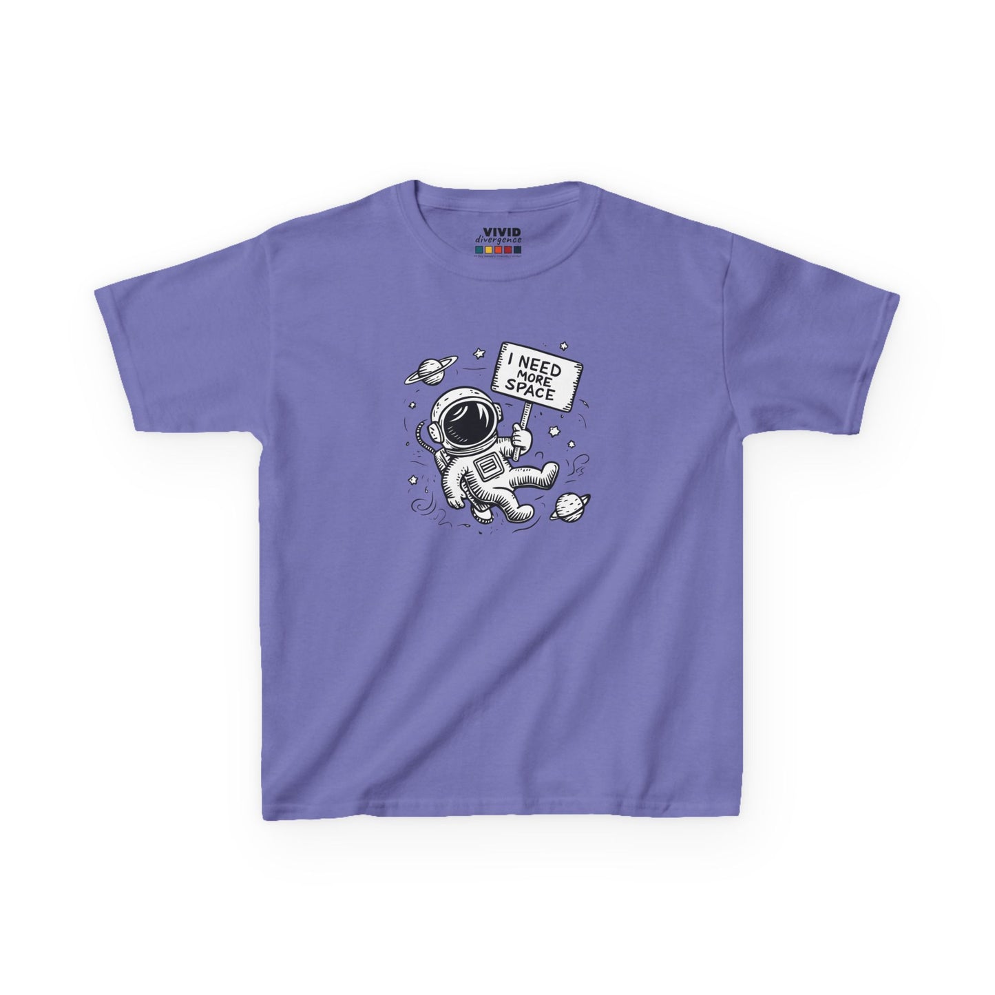 Front view of a purple "I Need More Space" astronaut kids T-shirt featuring a cartoon astronaut floating among space icons. Part of the Vivid Divergence Sensory Friendly Kids Shirts Range. The perfect T-shirt for sensory-sensitive kids and comes with a Sensory Satisfaction Promise.