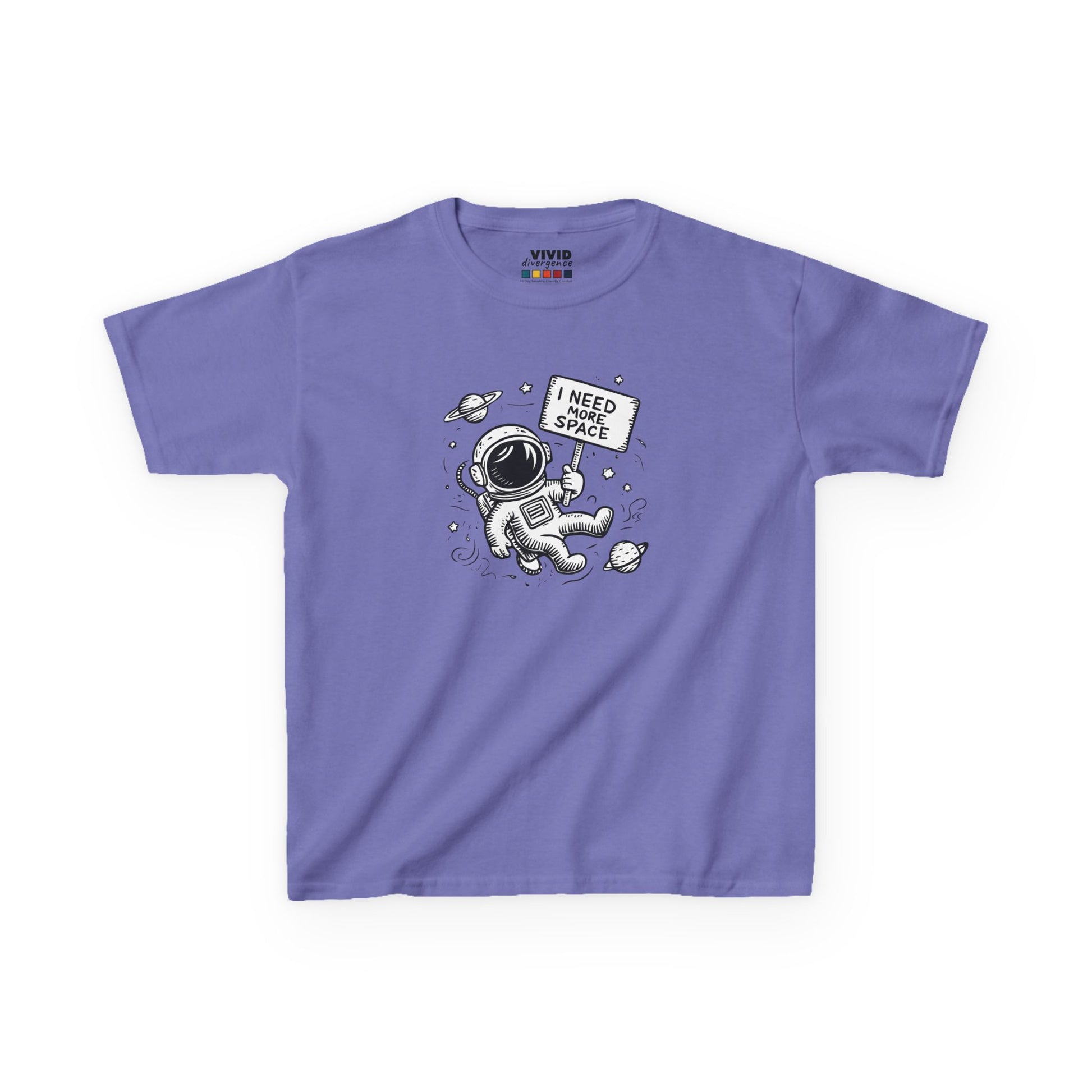 Front view of a purple "I Need More Space" astronaut kids T-shirt featuring a cartoon astronaut floating among space icons. Part of the Vivid Divergence Sensory Friendly Kids Shirts Range. The perfect T-shirt for sensory-sensitive kids and comes with a Sensory Satisfaction Promise.
