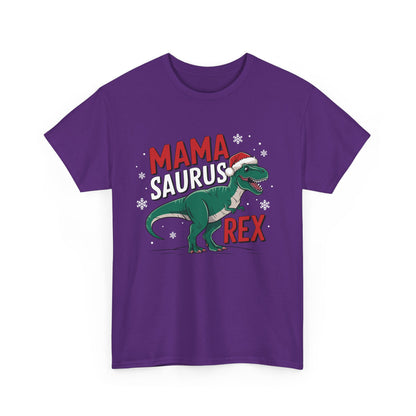Front view of a purple T-shirt featuring a "Mama-Saurus Rex" design with a festive dinosaur illustration. Part of the Vivid Divergence Sensory Friendly Unisex Tees Range.