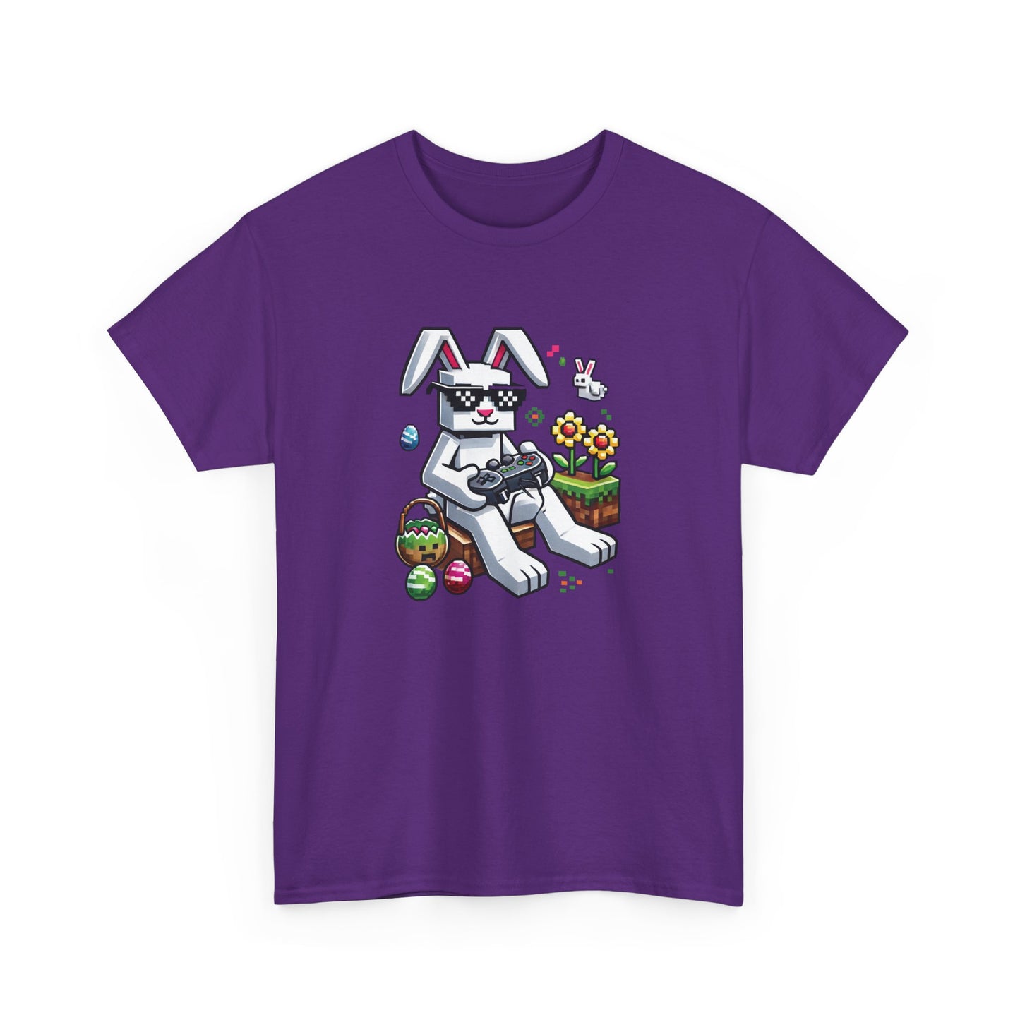 Purple Easter T-shirt featuring a stylish Easter bunny with a blocky design and pixel eggs, great for Minecraft lovers. Hop into the season in style and shop Easter shirts online today!