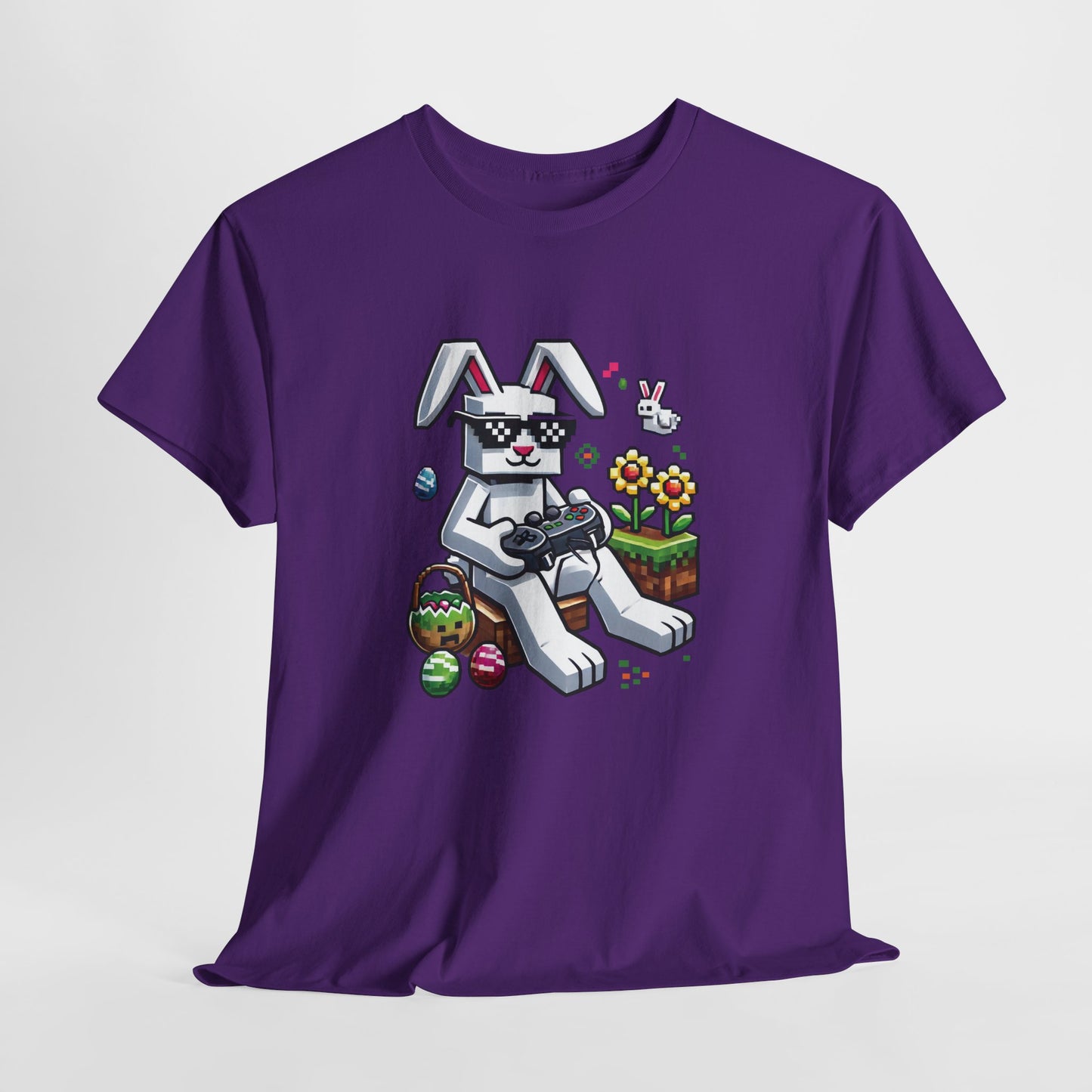 Purple T-shirt hanging, featuring a pixel-style Easter bunny with festive eggs, perfect for Minecraft lovers. Hop into the season in style and shop Easter shirts online today!