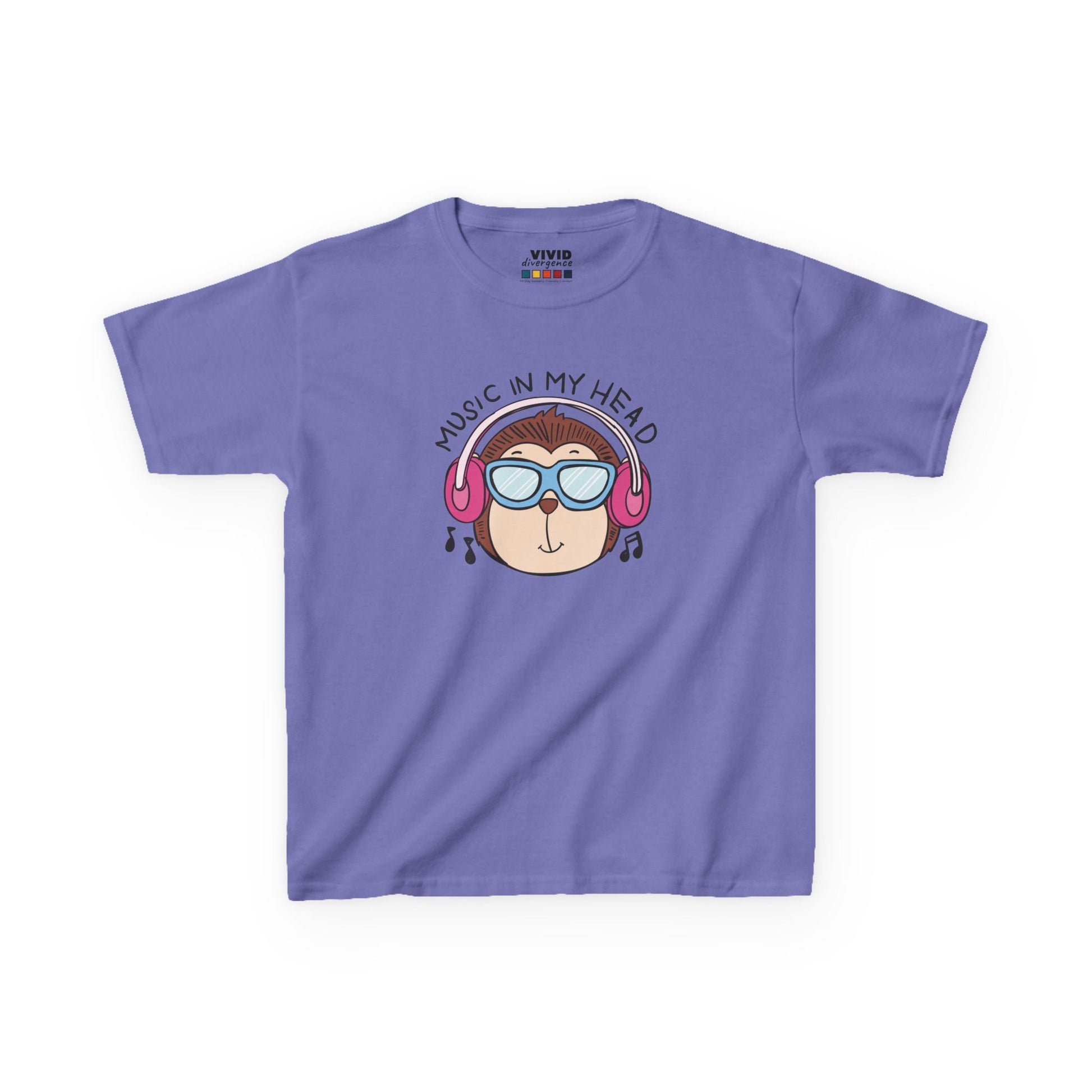 Front view of a purple "Music In My Head" monkey kids T-shirt featuring a cartoon monkey wearing headphones. Part of the Vivid Divergence Sensory Friendly Kids Shirts Range. The perfect T-shirt for sensory-sensitive kids and comes with a Sensory Satisfaction Promise.