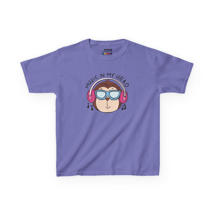 Front view of a purple "Music In My Head" monkey kids T-shirt featuring a cartoon monkey wearing headphones. Part of the Vivid Divergence Sensory Friendly Kids Shirts Range. The perfect T-shirt for sensory-sensitive kids and comes with a Sensory Satisfaction Promise.