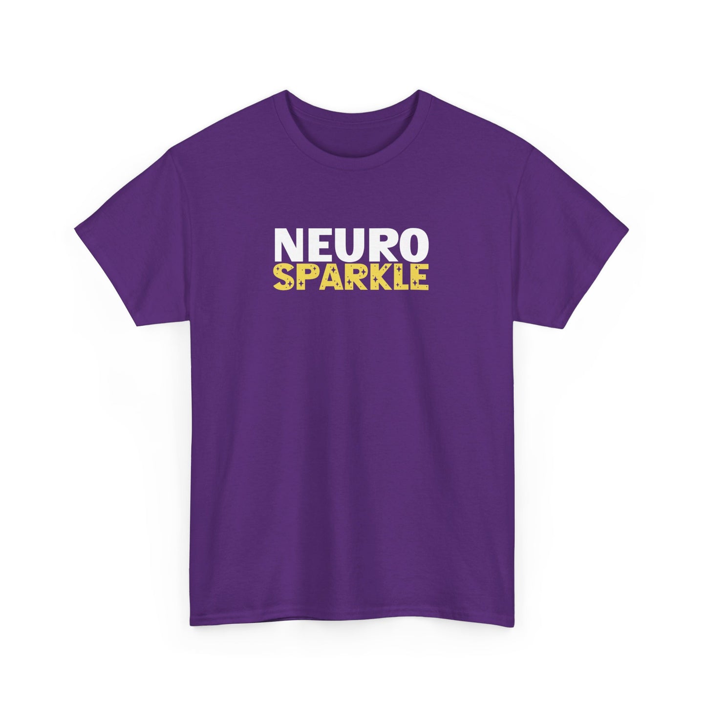 Front view of a purple T-shirt with "Neurosparkle" in bold white and yellow text. Part of the Vivid Divergence Sensory Friendly Unisex Tees Range. 