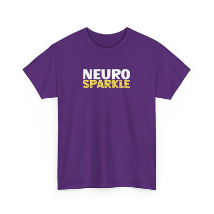Front view of a purple T-shirt with "Neurosparkle" in bold white and yellow text. Part of the Vivid Divergence Sensory Friendly Unisex Tees Range. 
