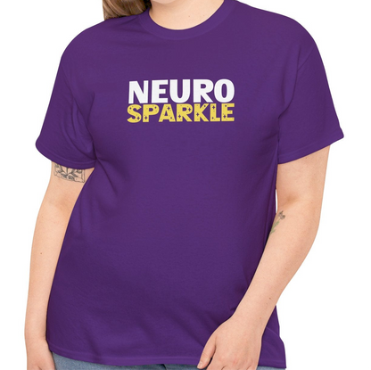 Model wearing a purple T-shirt with "Neurosparkle" in bold white and yellow text. Part of the Vivid Divergence Sensory Friendly Unisex Tees Range.