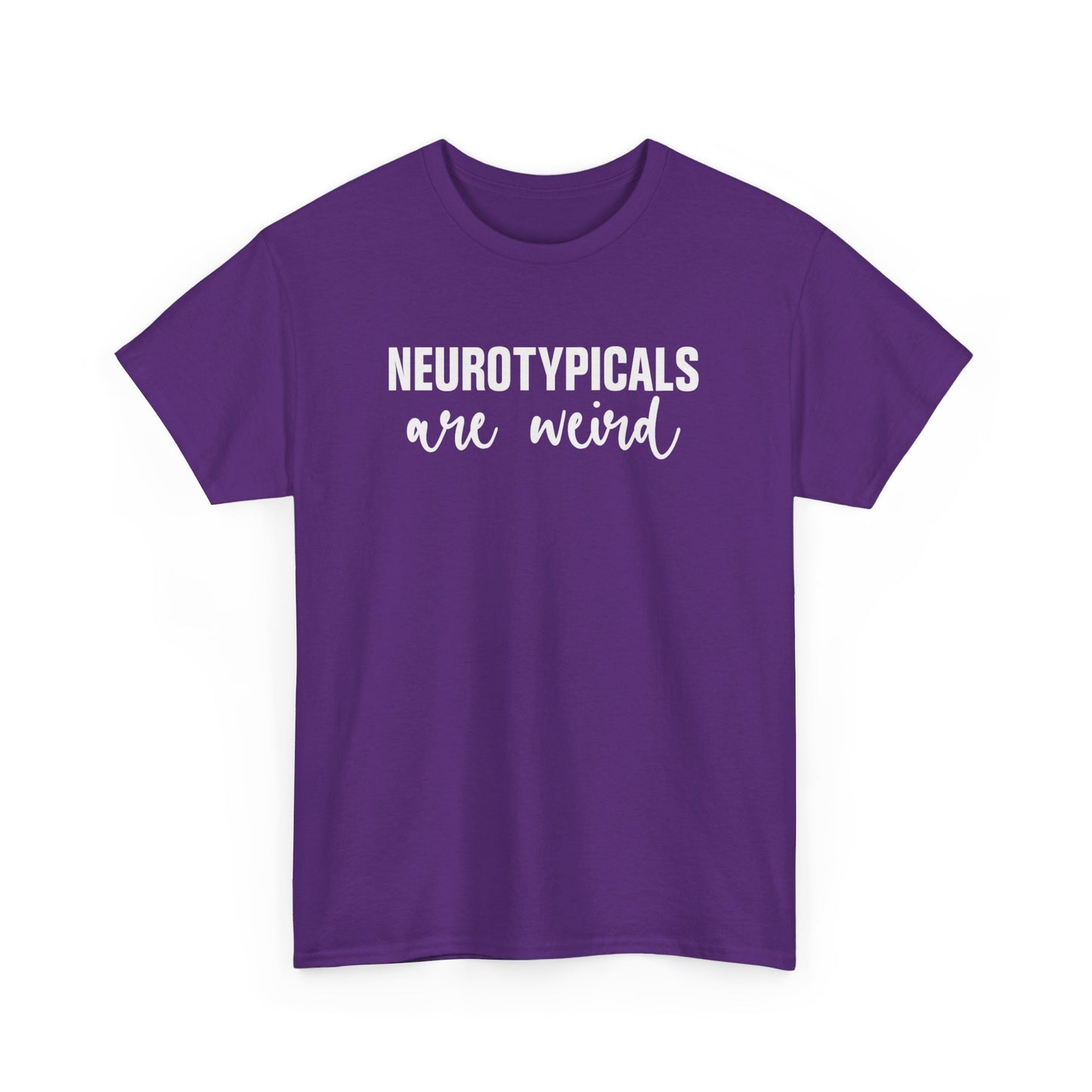 Front view of a purple T-shirt with "Neurotypicals Are Weird" in bold white text. Part of the Vivid Divergence Sensory Friendly Unisex Tees Range.