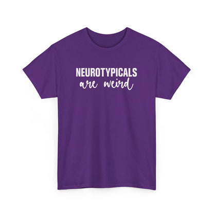 Front view of a purple T-shirt with "Neurotypicals Are Weird" in bold white text. Part of the Vivid Divergence Sensory Friendly Unisex Tees Range.
