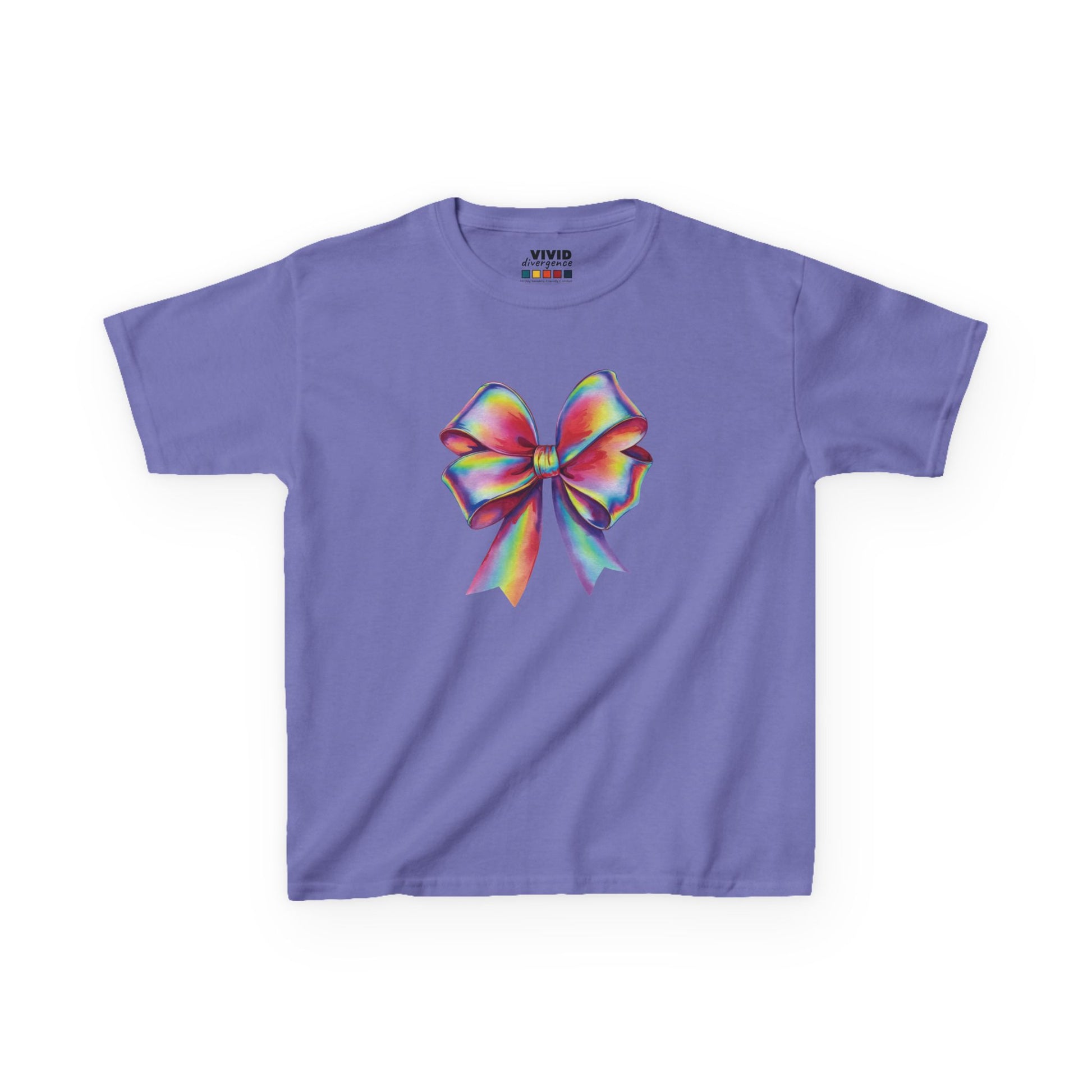 Front view of a purple "Rainbow Holographic Bow" kids T-shirt featuring a colorful holographic bow graphic. Part of the Vivid Divergence Sensory Friendly Kids Shirts Range. The perfect T-shirt for sensory-sensitive kids and comes with a Sensory Satisfaction Promise.