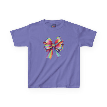 Front view of a purple "Rainbow Holographic Bow" kids T-shirt featuring a colorful holographic bow graphic. Part of the Vivid Divergence Sensory Friendly Kids Shirts Range. The perfect T-shirt for sensory-sensitive kids and comes with a Sensory Satisfaction Promise.