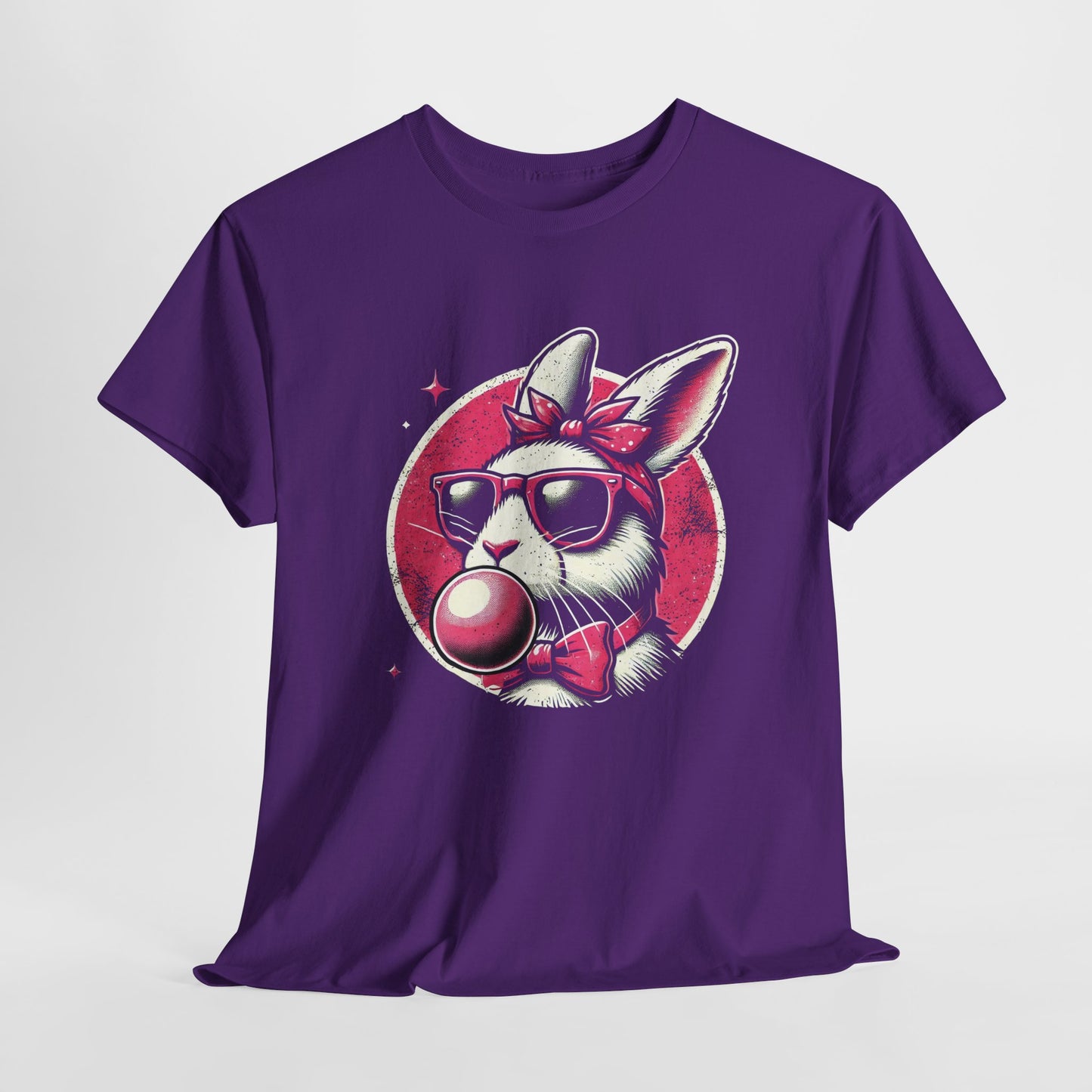 Purple T-shirt hanging, featuring a stylish bunny wearing sunglasses and blowing bubblegum, a fun twist on Easter fashion. Hop into the season in style and shop Easter shirts online today!