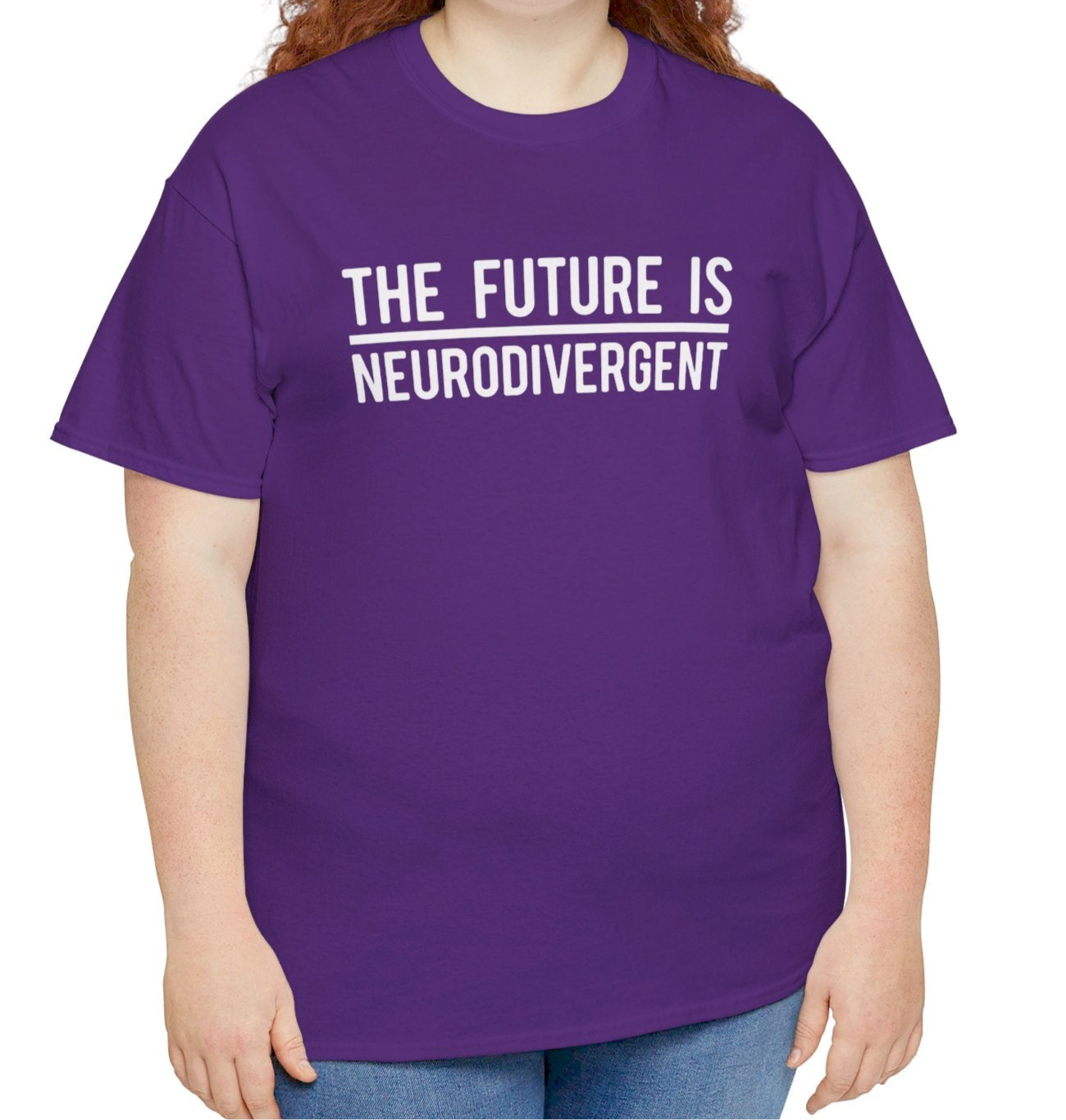 Model wearing a purple T-shirt with the text "The Future is Neurodivergent" in bold white letters. Part of the Vivid Divergence Sensory Friendly Unisex Tees Range.