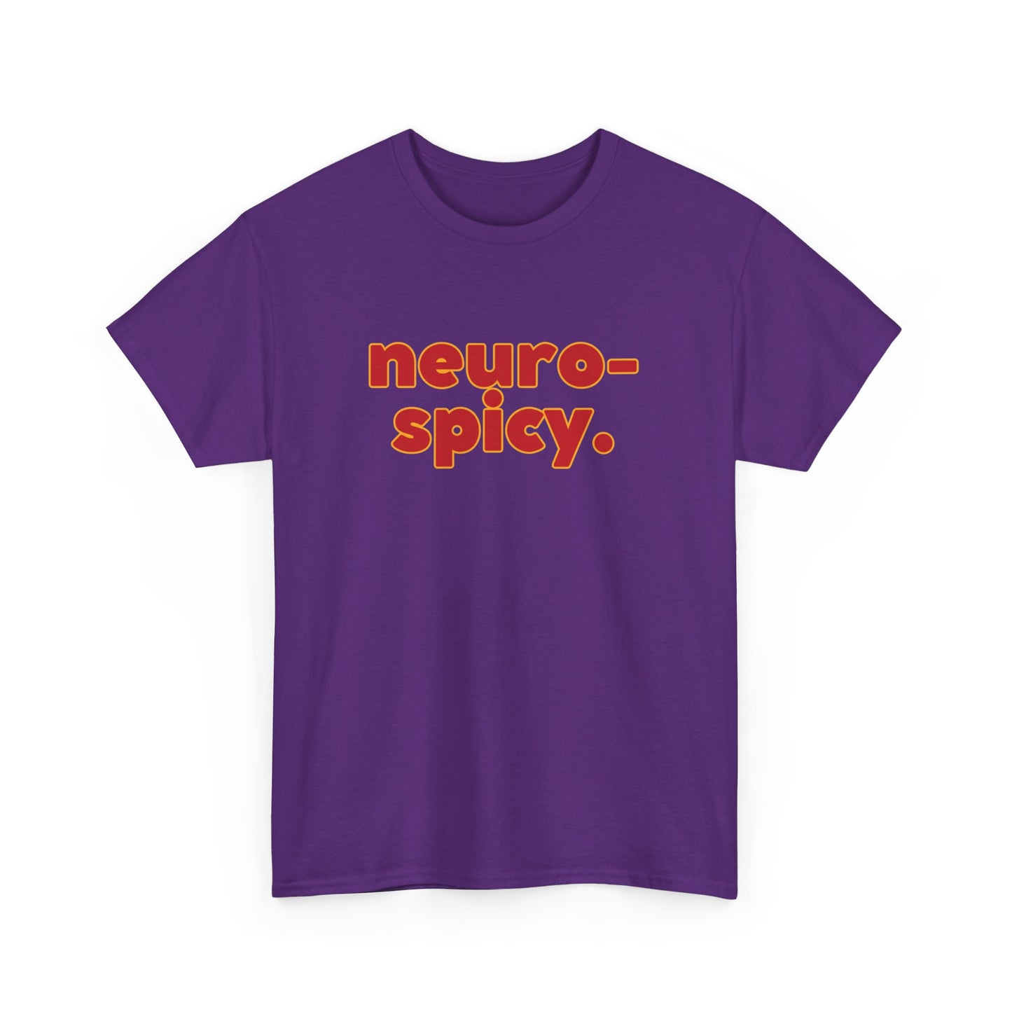 Front view of a purple T-shirt with the text "Neuro-Spicy" in retro-style lettering. Part of the Vivid Divergence Sensory Friendly Unisex Tees Range.