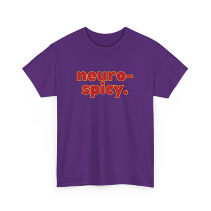 Front view of a purple T-shirt with the text "Neuro-Spicy" in retro-style lettering. Part of the Vivid Divergence Sensory Friendly Unisex Tees Range.