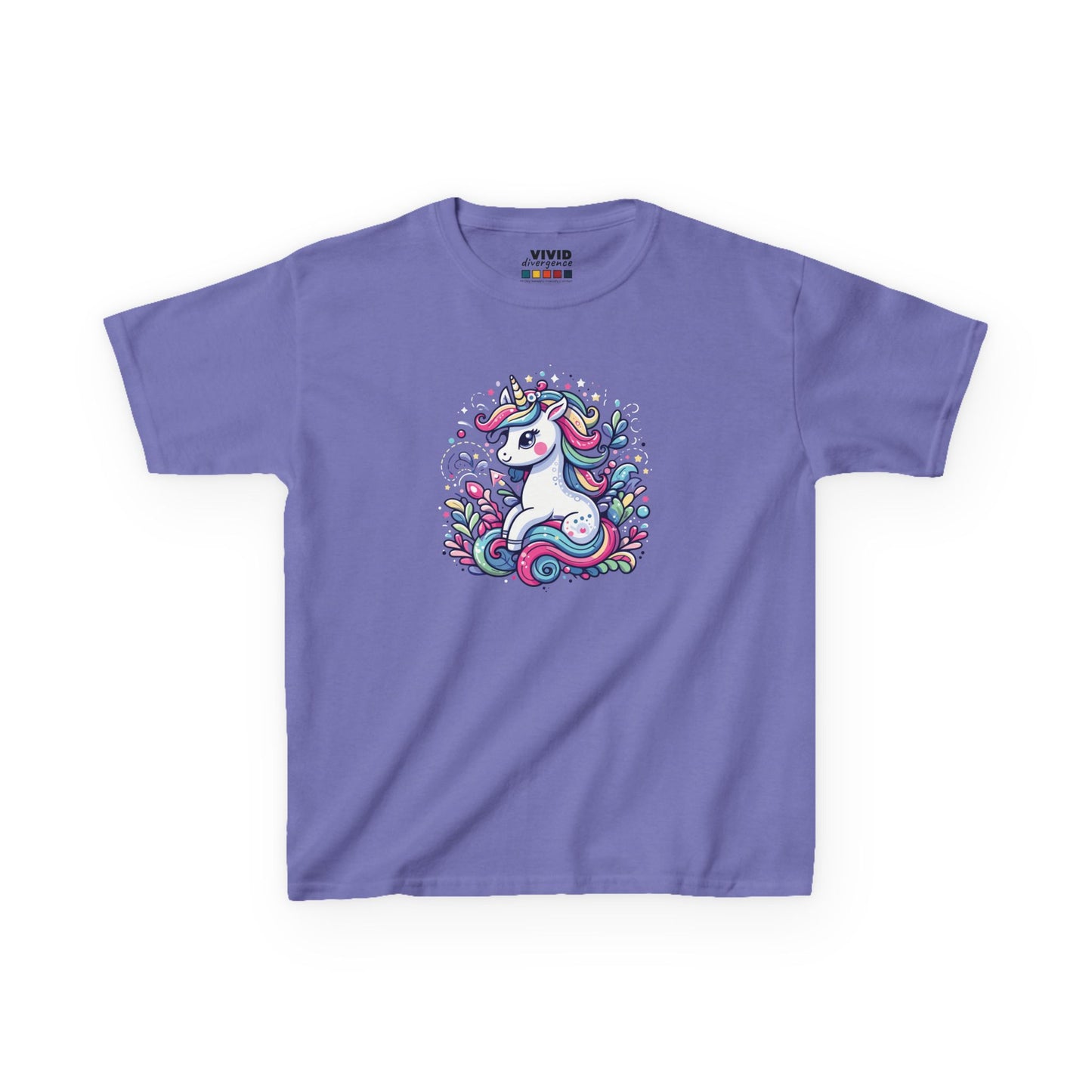 Front view of a purple "Unicorn Vibes" kids T-shirt featuring a colorful, whimsical unicorn design. Part of the Vivid Divergence Sensory Friendly Kids Shirts Range. The perfect T-shirt for sensory-sensitive kids and comes with a Sensory Satisfaction Promise.