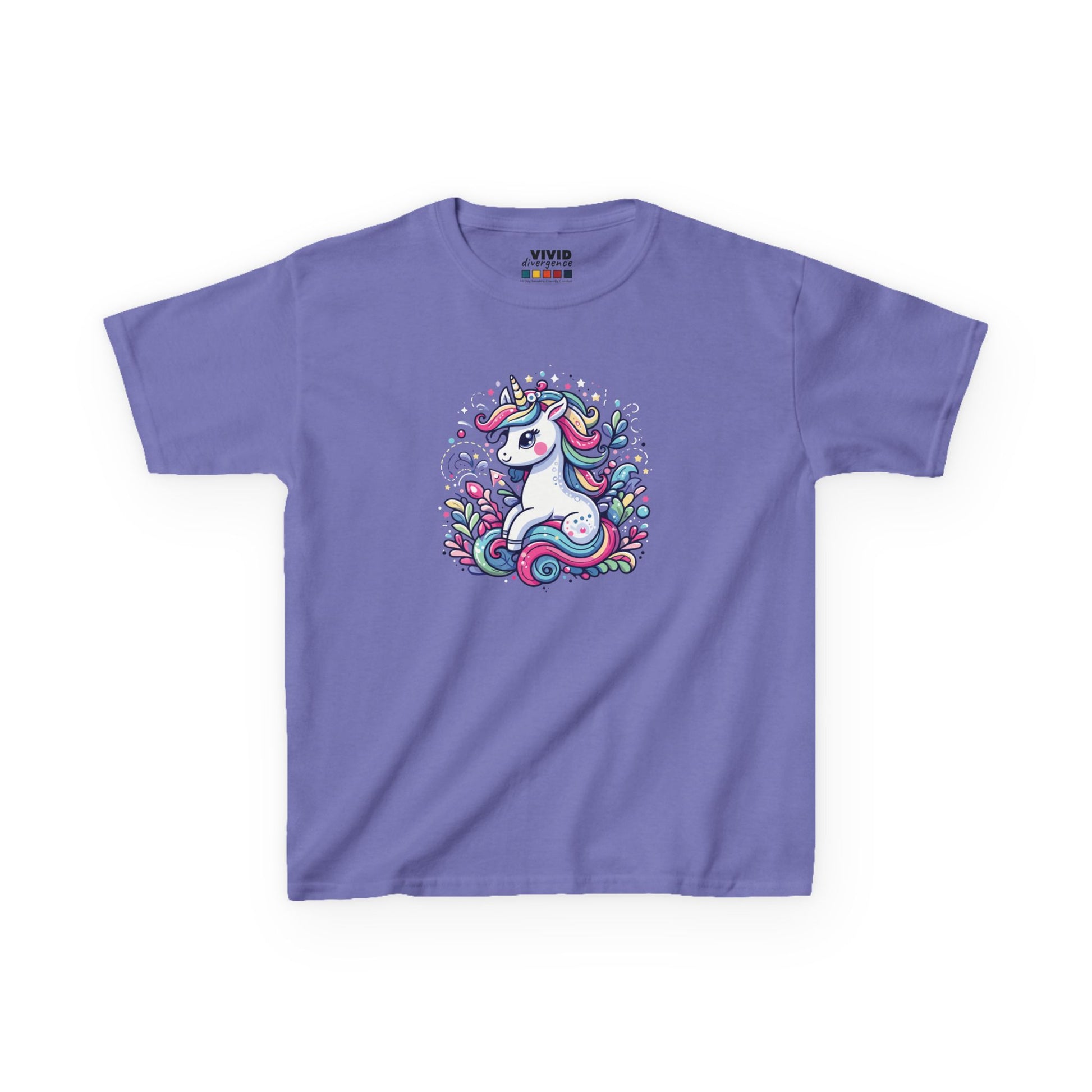 Front view of a purple "Unicorn Vibes" kids T-shirt featuring a colorful, whimsical unicorn design. Part of the Vivid Divergence Sensory Friendly Kids Shirts Range. The perfect T-shirt for sensory-sensitive kids and comes with a Sensory Satisfaction Promise.